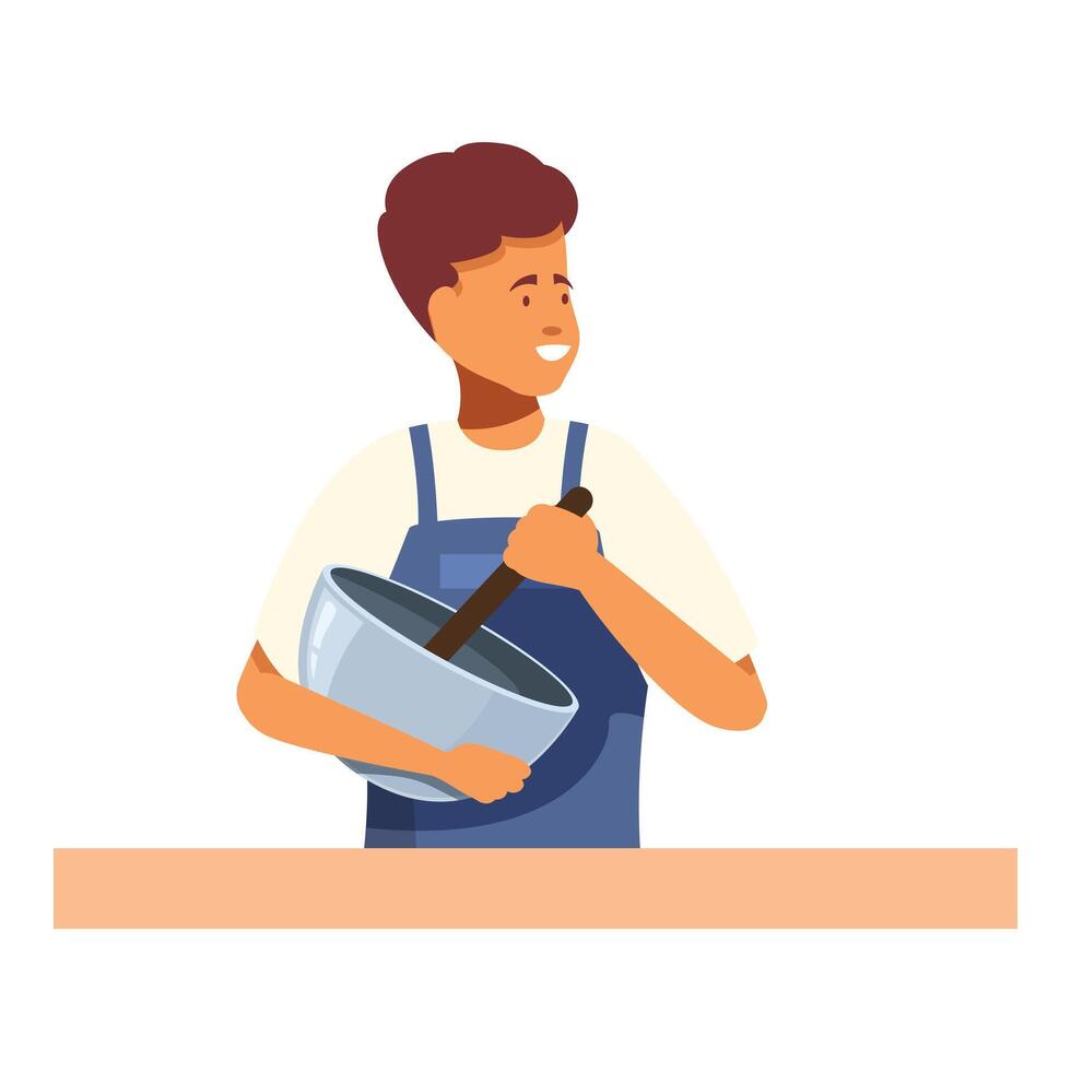 Young baker whisking ingredients in a bowl for a cake vector