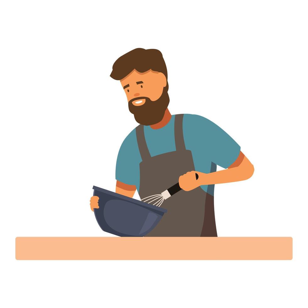 Happy chef whisking ingredients in bowl at kitchen counter vector