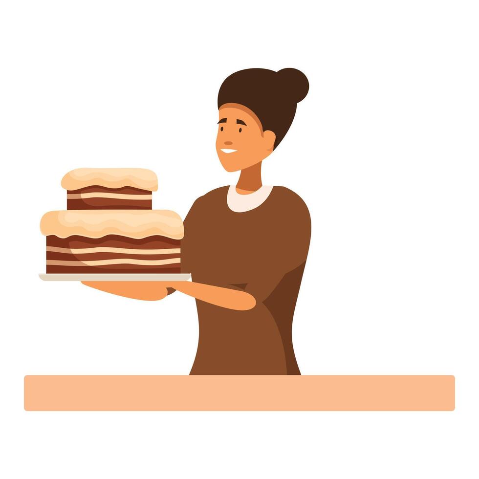 Pastry chef holding a chocolate cake with frosting vector