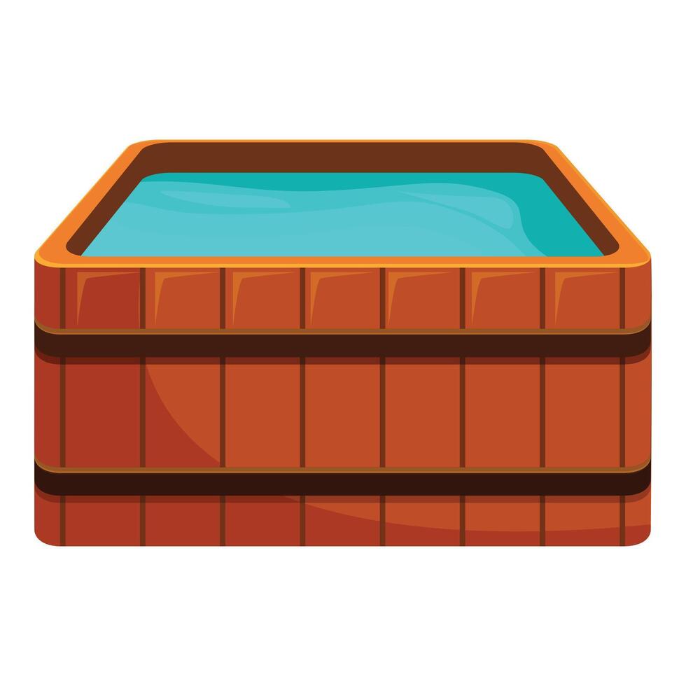 Square wooden hot tub filled with water for outdoor relaxation vector