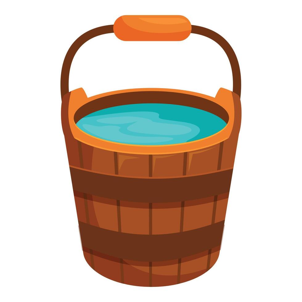 Wooden bucket holding water with metal handle and bands vector