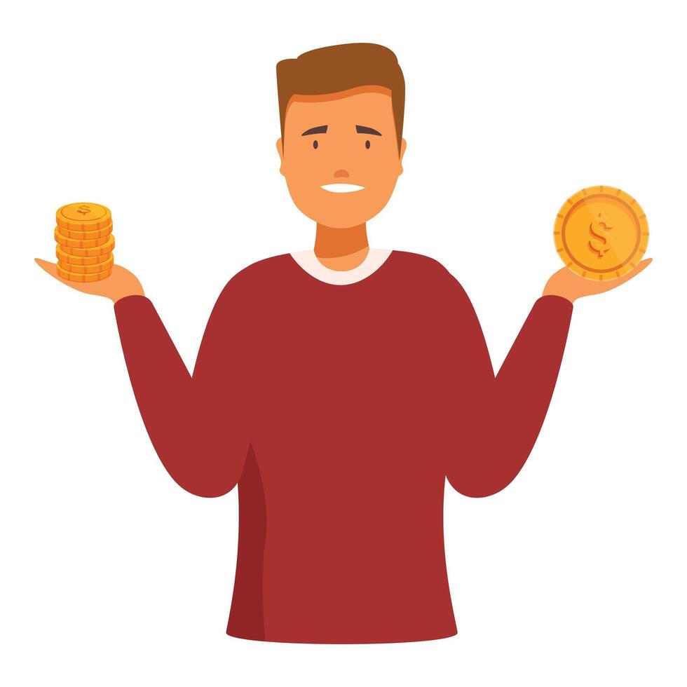 Young man comparing a lot of money with a single coin vector