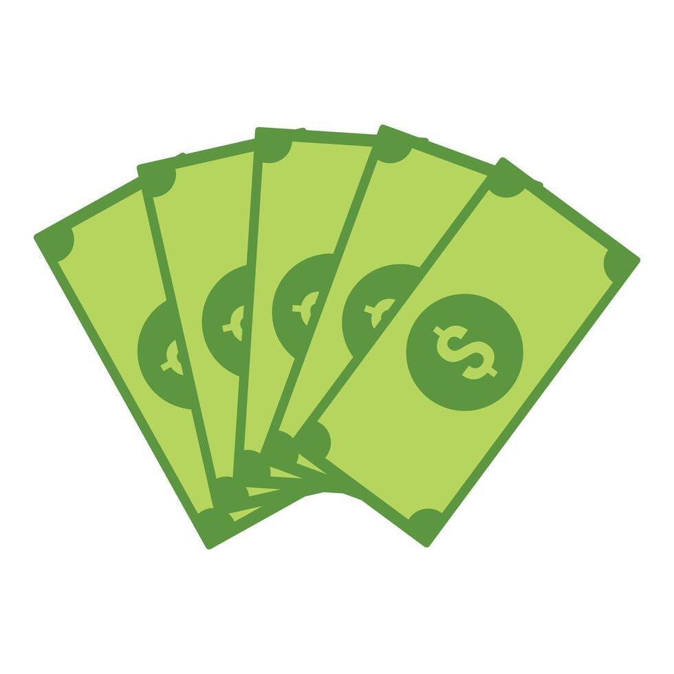 Stack of five green bills is spreading out showing dollar symbol vector