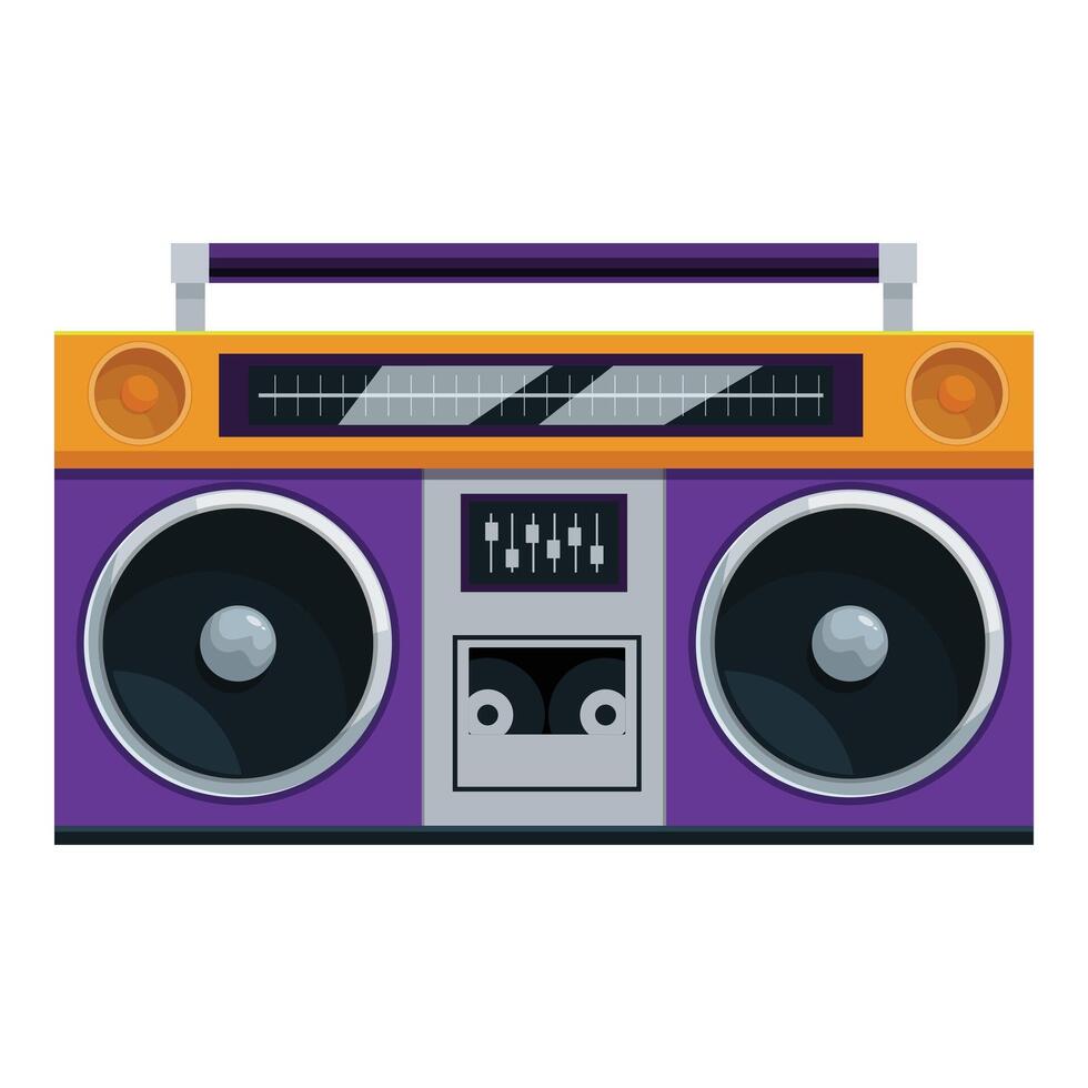 Purple and orange boombox playing a cassette tape vector