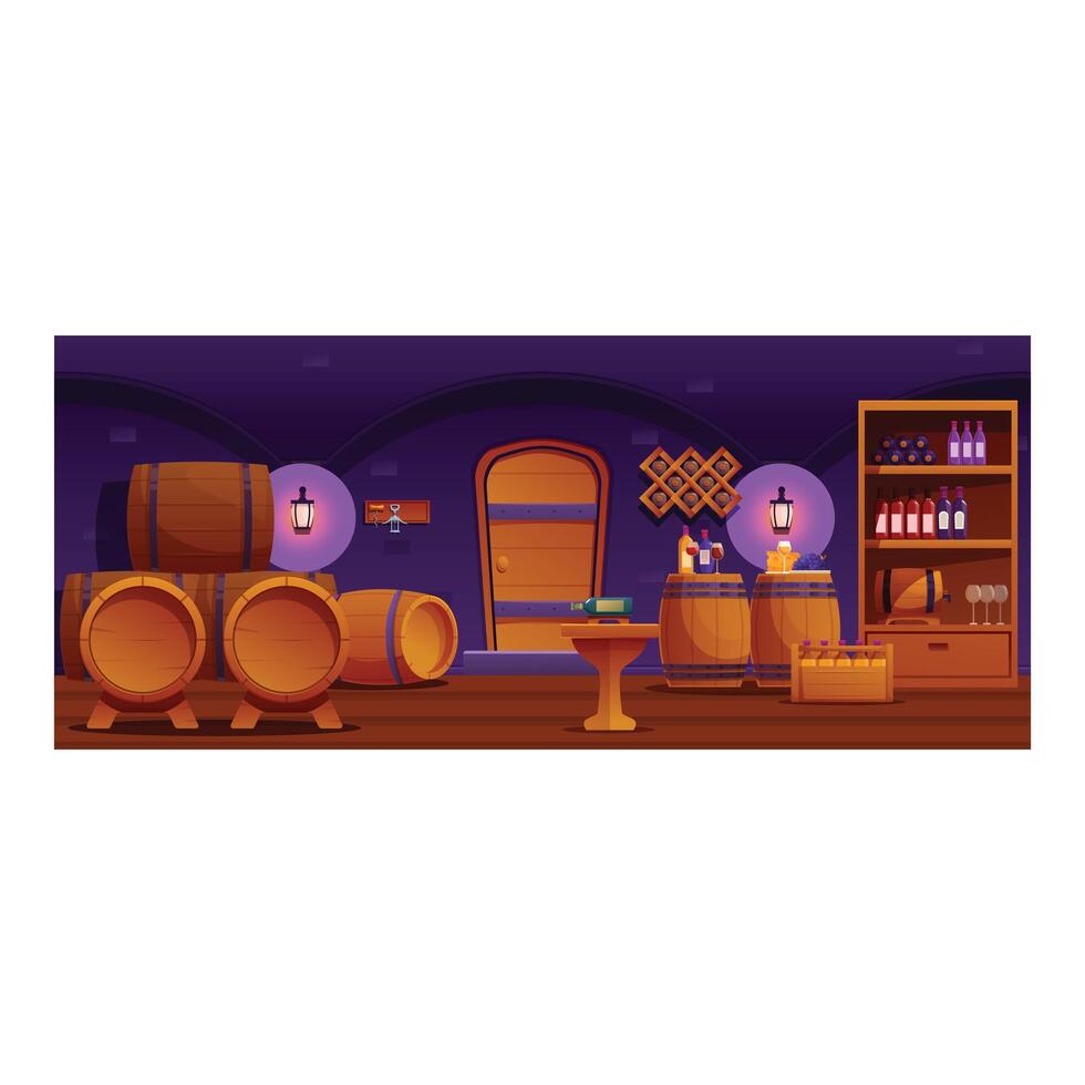 Wine cellar interior with nobody, storing wine in wooden barrels and bottles on shelves vector