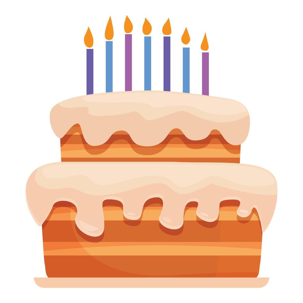 Two tier birthday cake with seven lit candles on top vector