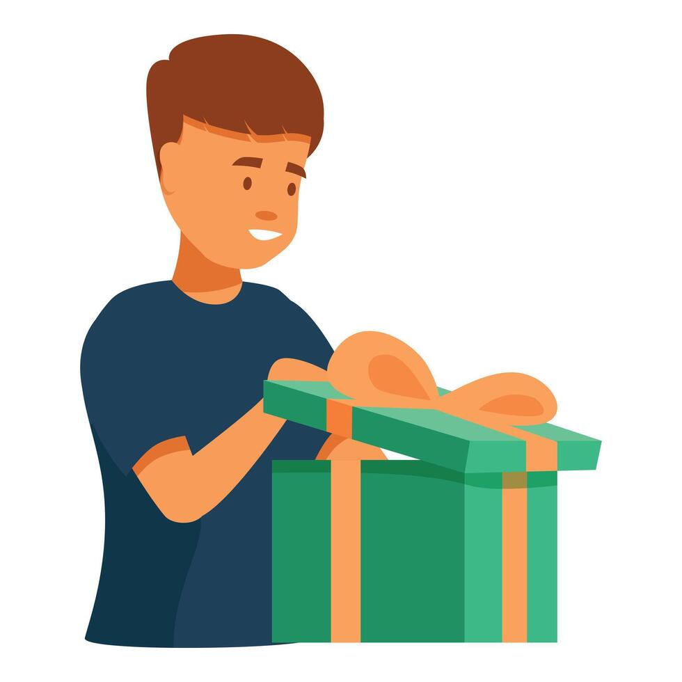Happy young man opening gift box with orange ribbon vector