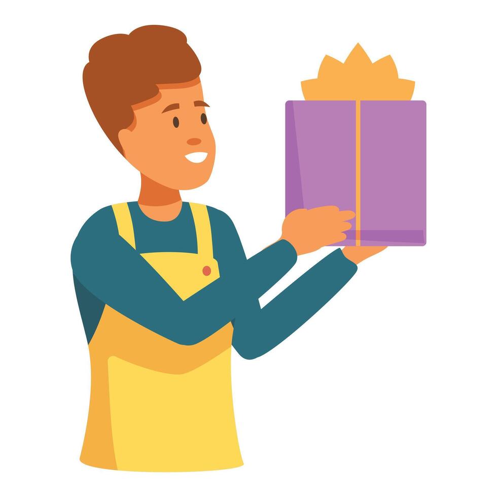 Smiling shopkeeper holding a gift box with a bow vector