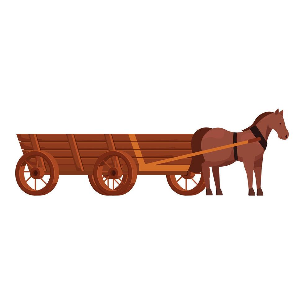 Brown horse standing still near an empty wooden cart vector