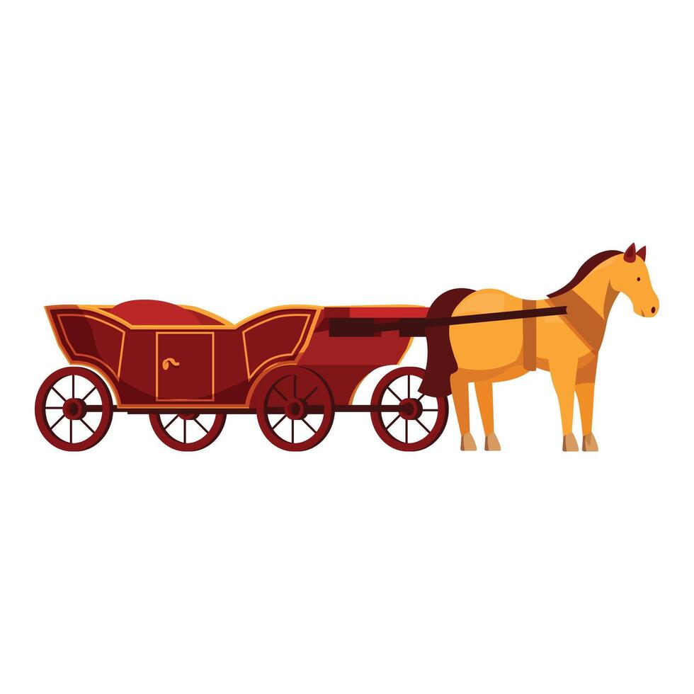 Brown horse standing still harnessed to a red carriage vector
