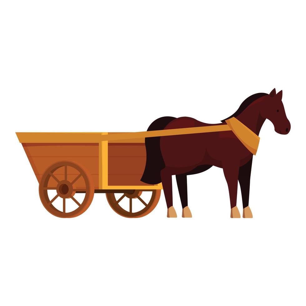 Brown horse standing still harnessed to an empty wooden cart vector