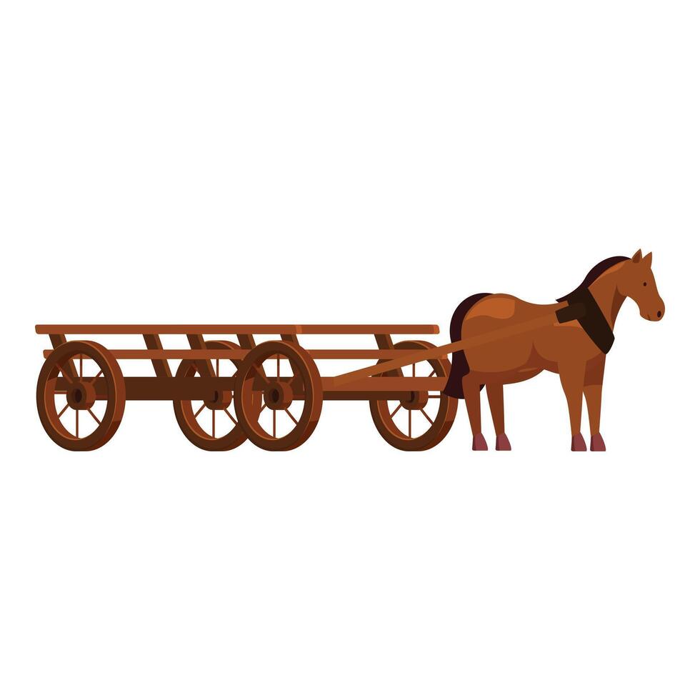 Brown horse standing still near an empty wooden cart vector