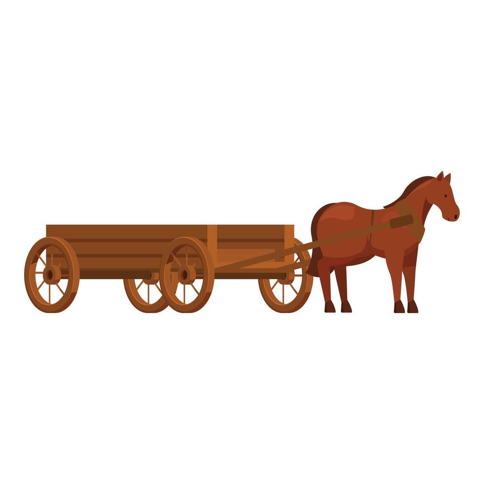 Brown horse standing still attached to wooden empty cart vector