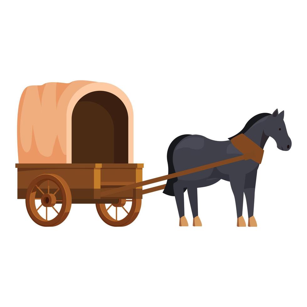 Black horse standing still harnessed to covered wagon vector