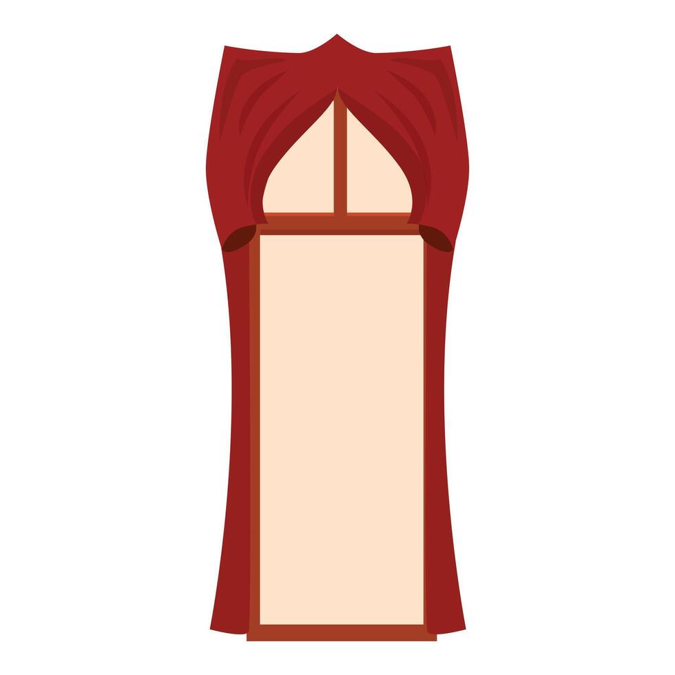 Red curtains are framing a tall window with light coming through vector