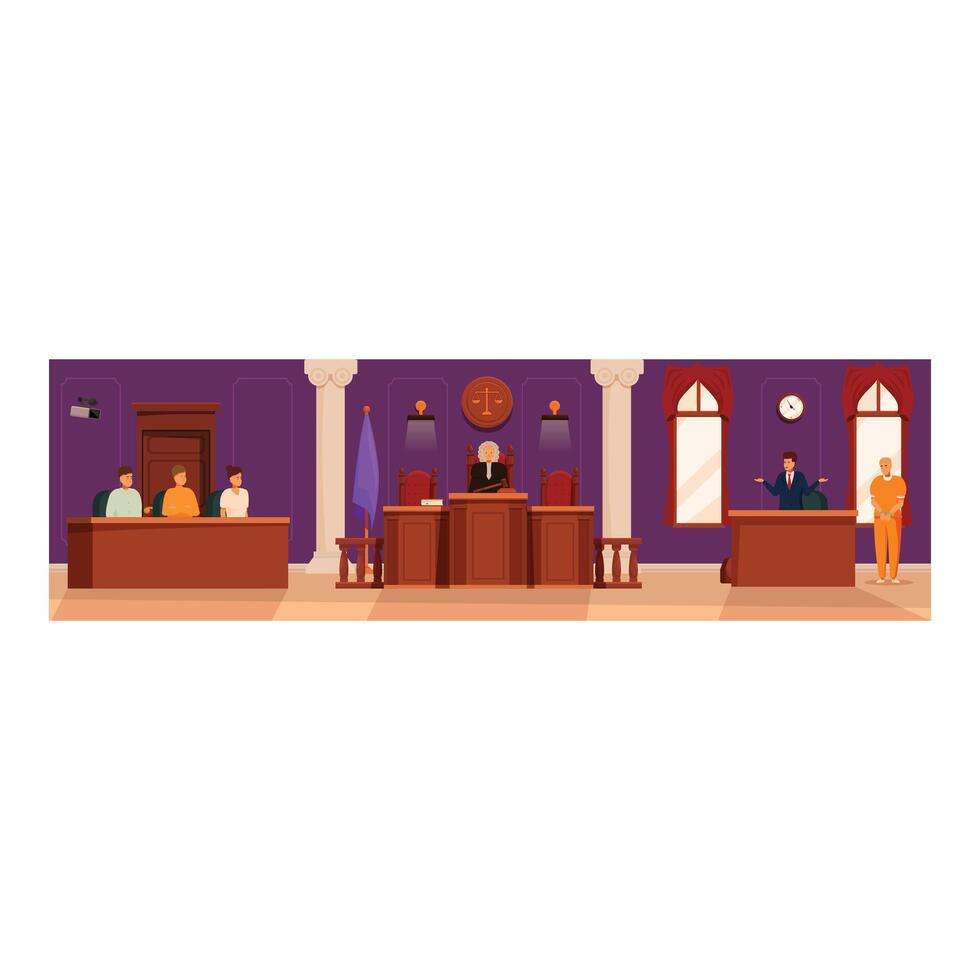 Courtroom trial in session with judge, jury, lawyers, and defendant vector