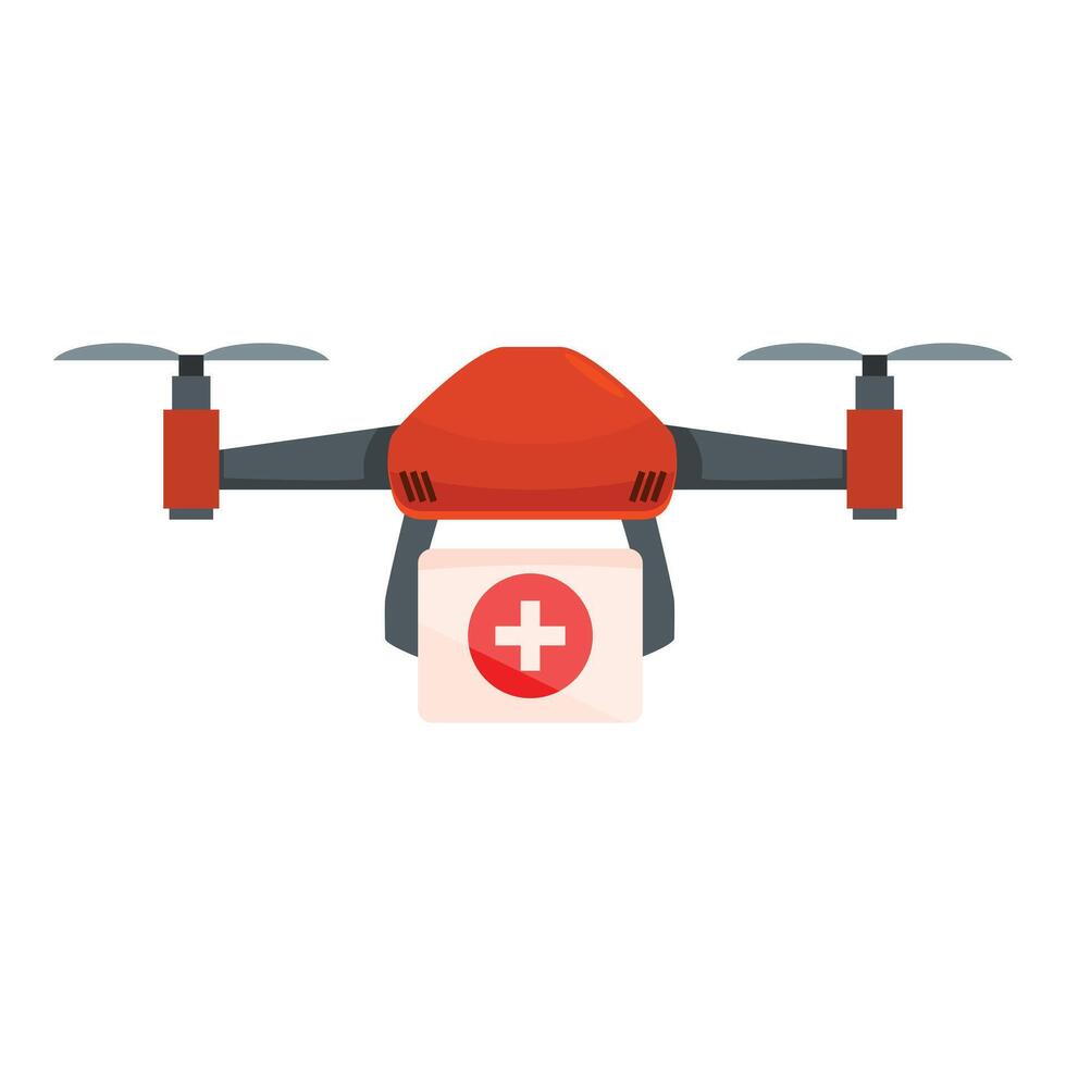 Red medical drone delivering first aid kit vector