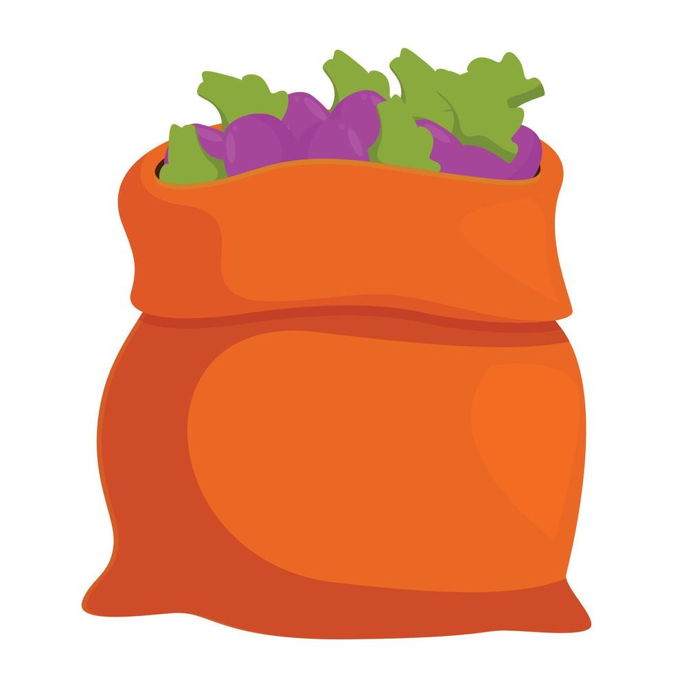 Orange cloth sack full of freshly harvested eggplants and ready for transport vector