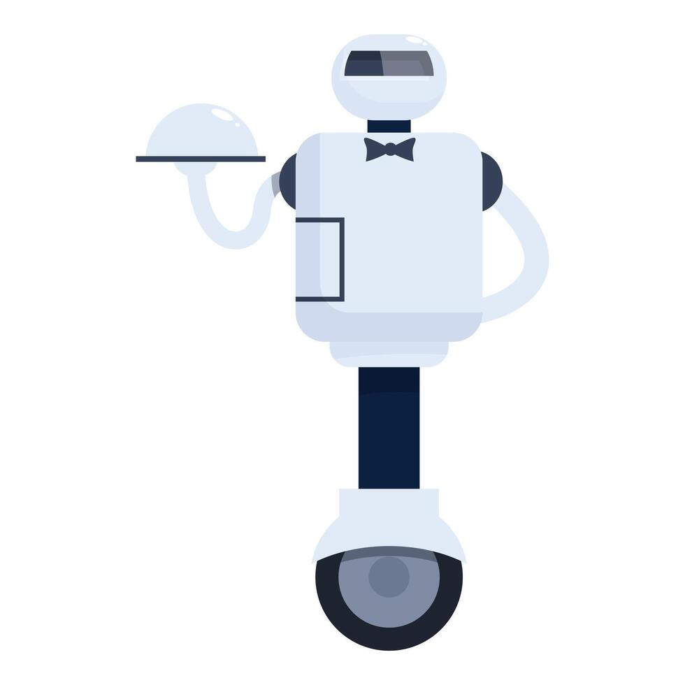 Robot waiter is holding a tray with a cloche, ready to serve vector