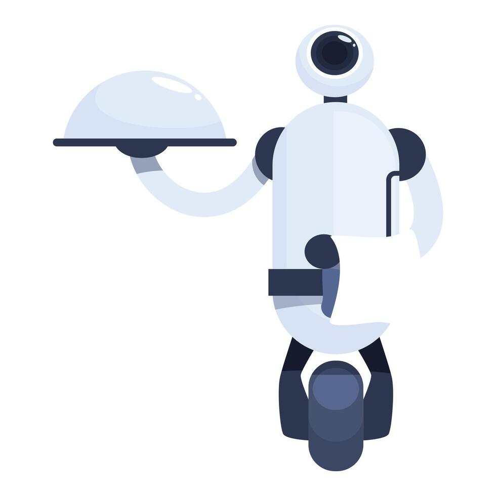 Friendly robot waiter serving food using platform with wheels vector