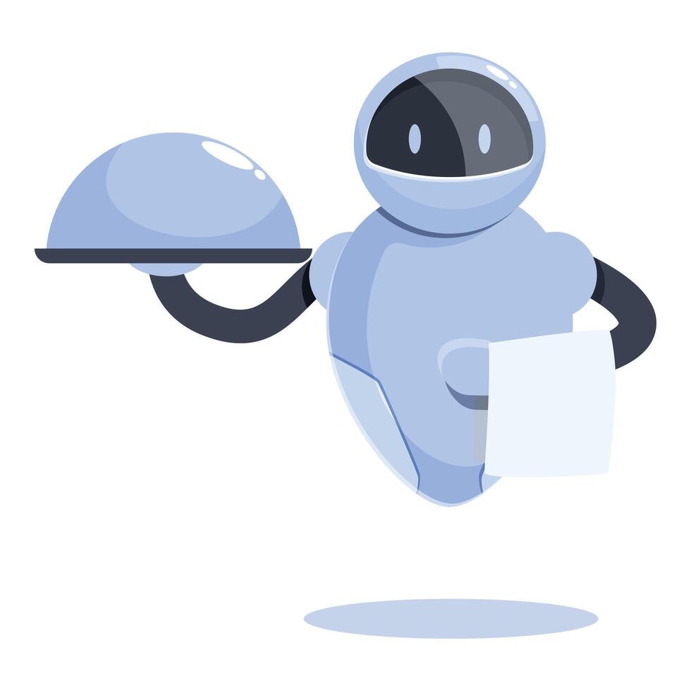 Modern robot waiter holding cloche and towel serving food vector