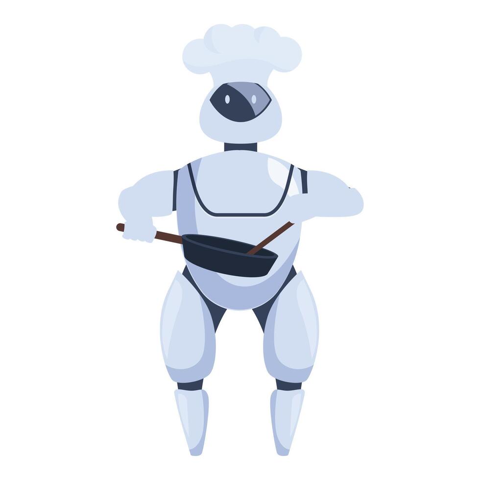 Robot chef holding frying pan and spatula cooking food vector