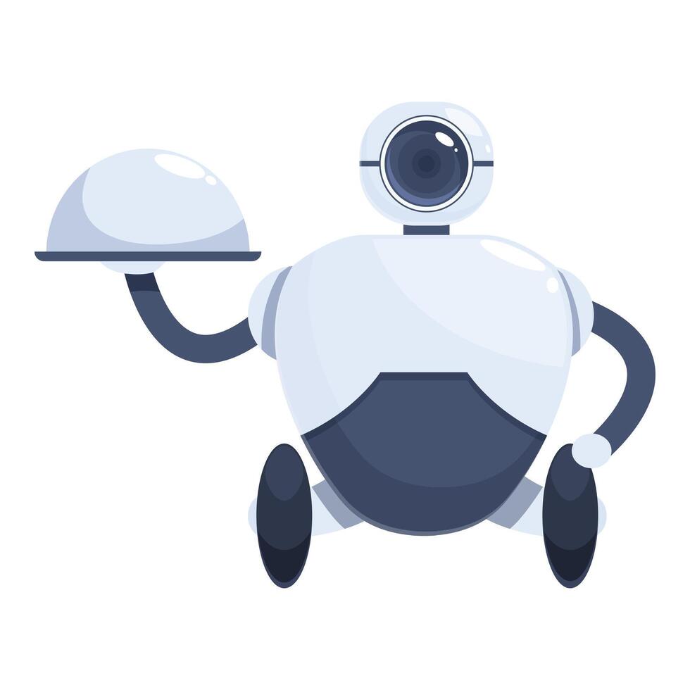 Modern robot waiter holding restaurant cloche serving food vector