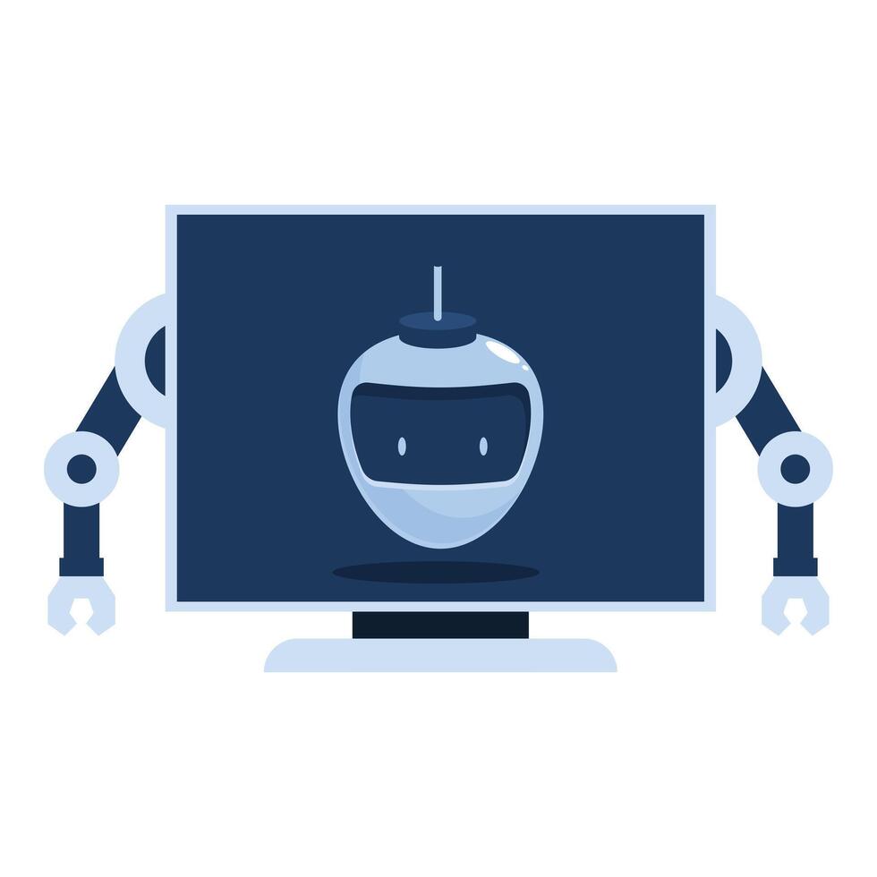 Cute robot looking out from computer screen holding it with arms vector