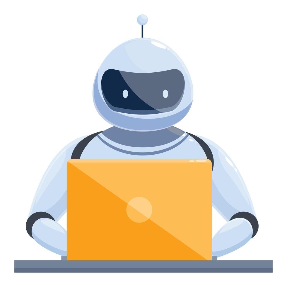 Modern robot using laptop working at desk vector