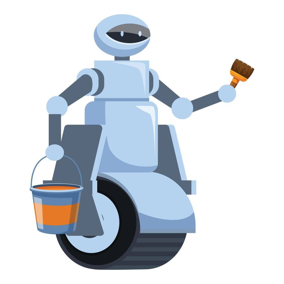 One wheeled robot holding paint bucket and brush for home repair vector