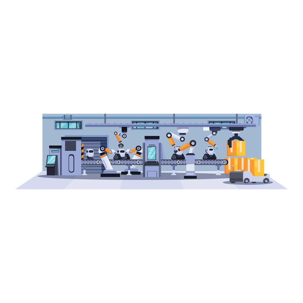 Illustration of an automated factory with robots building, carrying and packaging goods vector