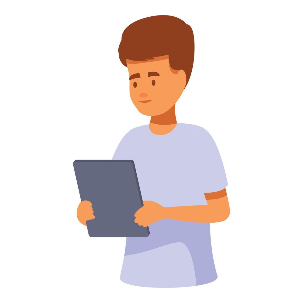 Young man is holding a tablet computer vector