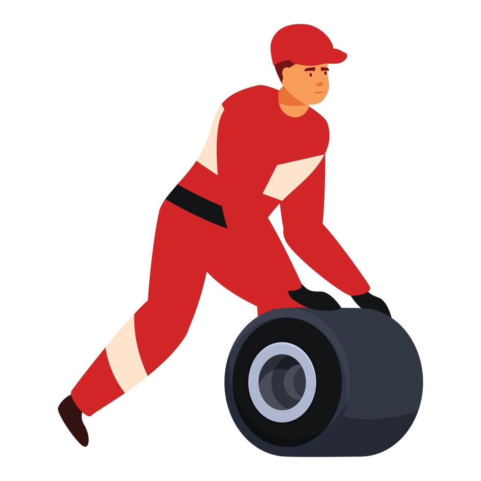 Auto mechanic wearing red uniform pushing big tire, garage worker repairing car, pit stop crew member vector