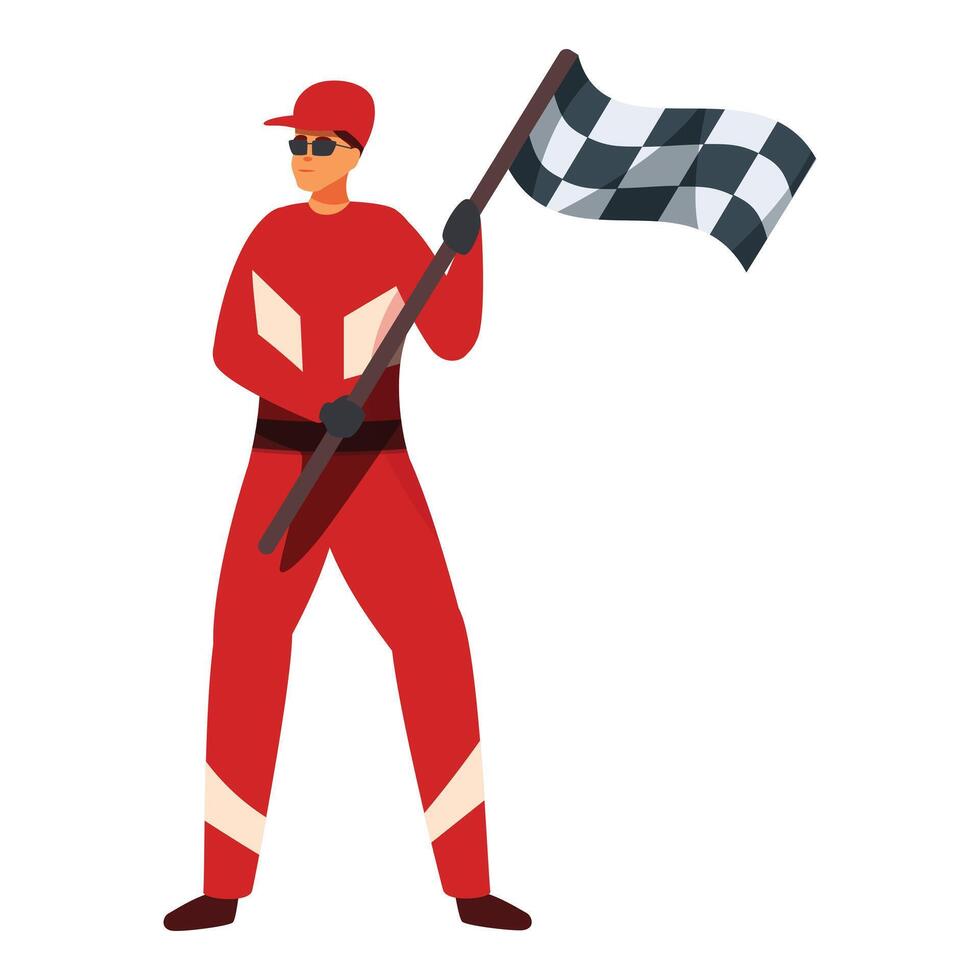 Race official holding checkered flag, motorsport racing competition end concept vector