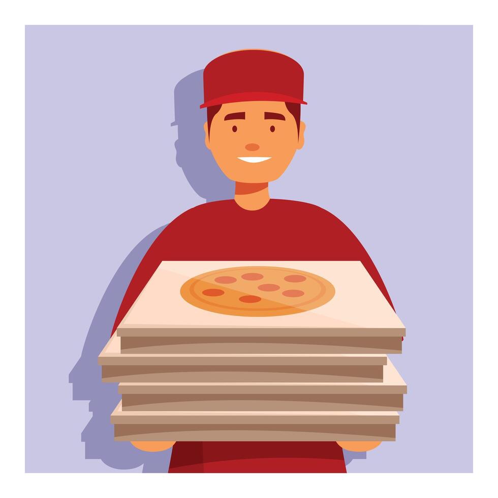 Delivery man holding stack of pizza boxes smiling at work vector