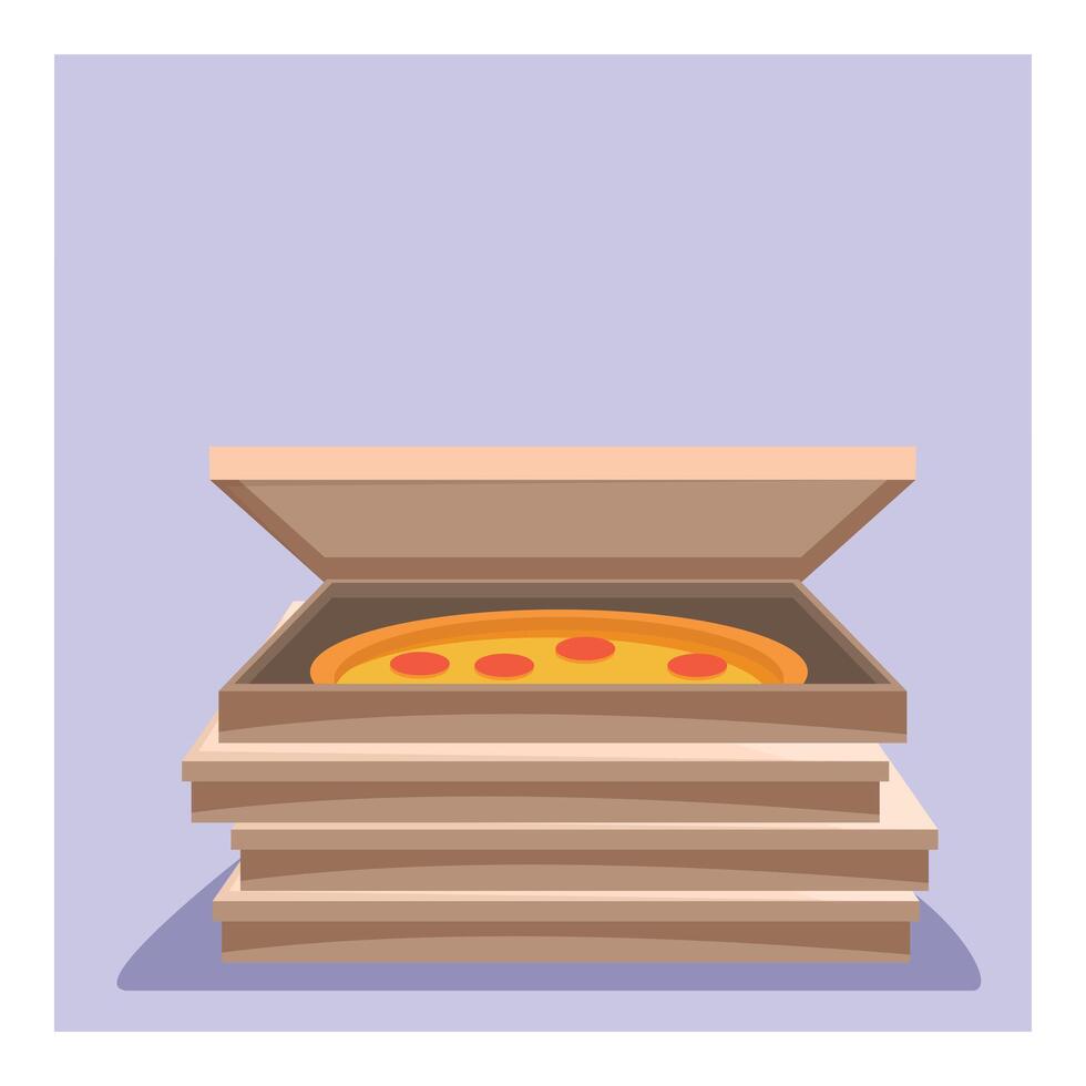 Stack of cardboard pizza boxes with open one showing pizza inside vector