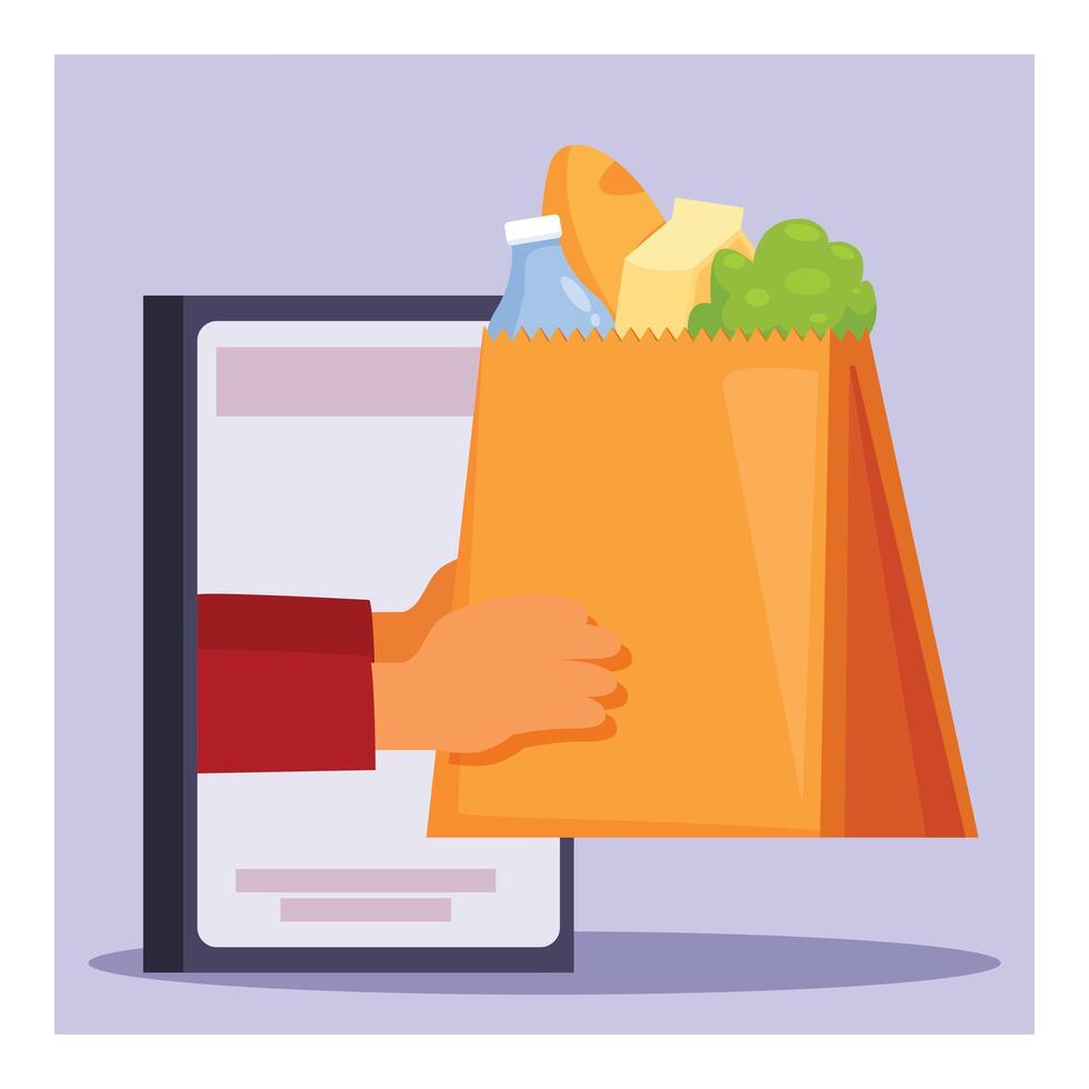 Delivery man holding paper bag with groceries coming out from smartphone screen vector
