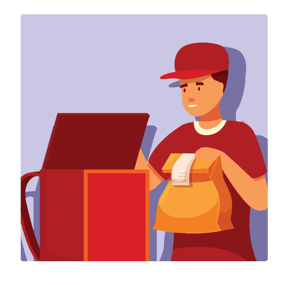 Delivery man packing food order using thermal backpack for hot food delivery service vector