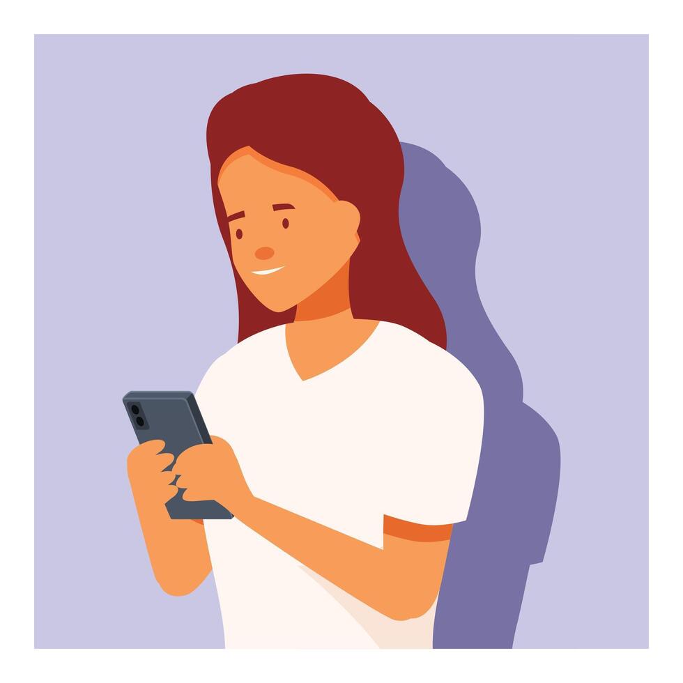 Young woman using smartphone browsing internet holding mobile phone vector