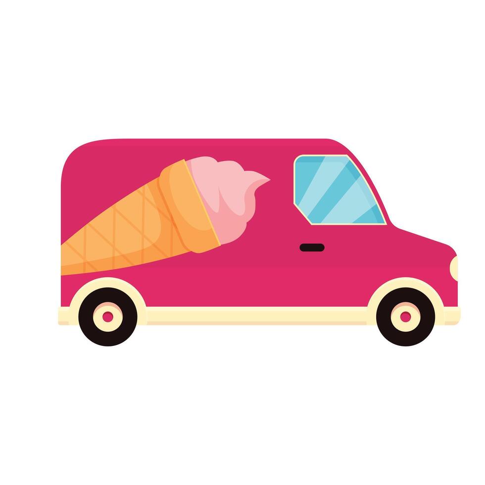 Pink ice cream food truck delivering frozen treats vector