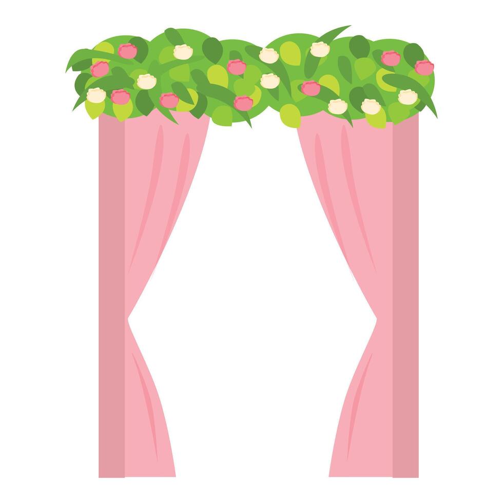 Floral wedding archway is decorated with pink curtains and flowers vector