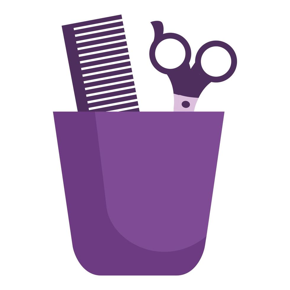 Hairdressing scissors and comb standing in a purple beautician jar vector