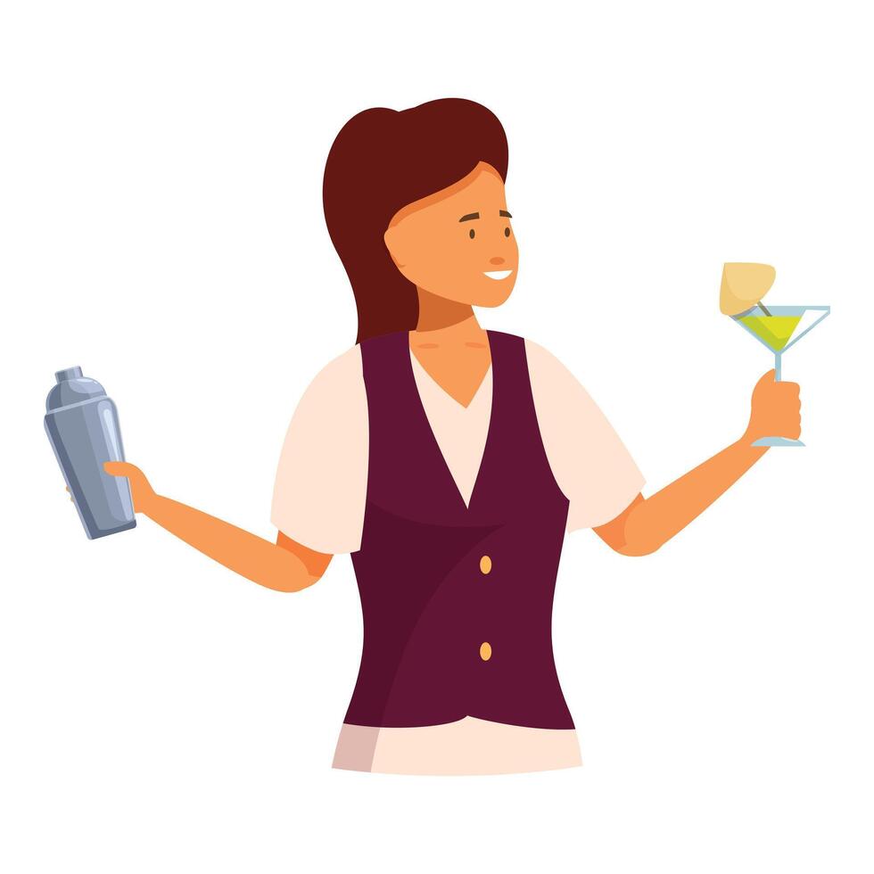 Bartender woman holding cocktail shaker and martini glass vector