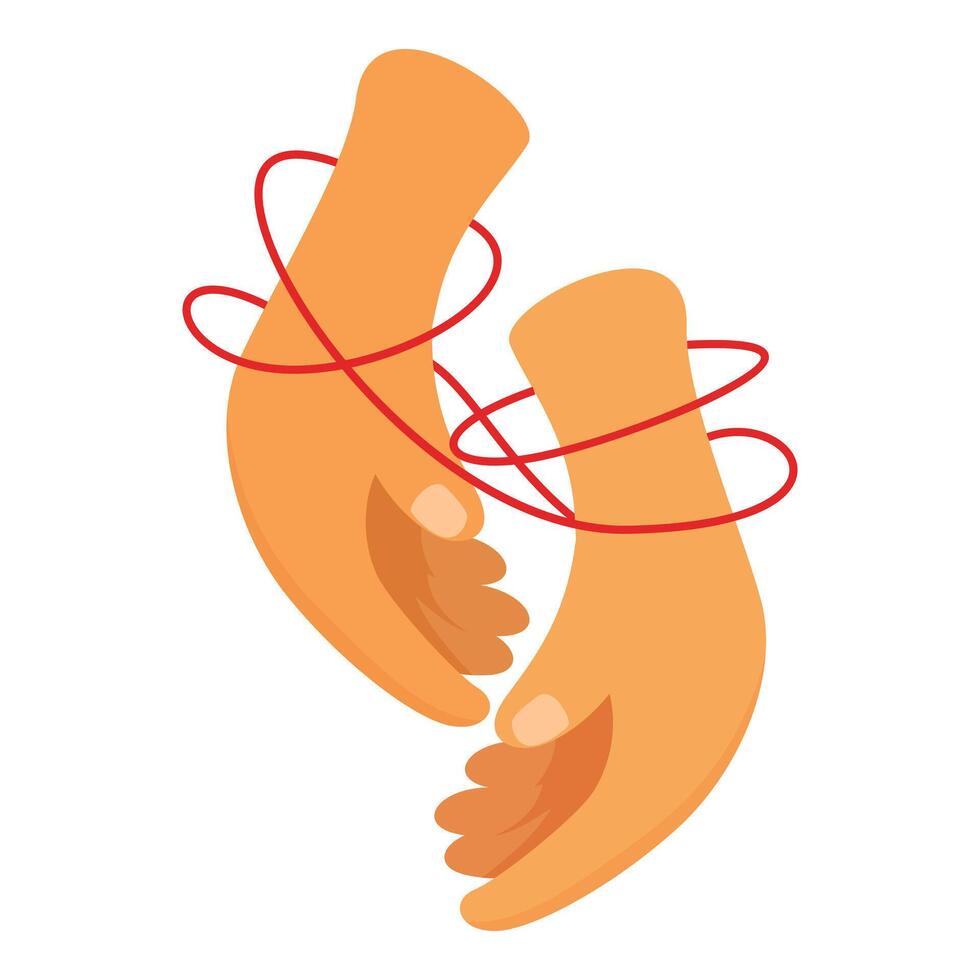 Two hands reaching for each other, connected by red string of fate vector