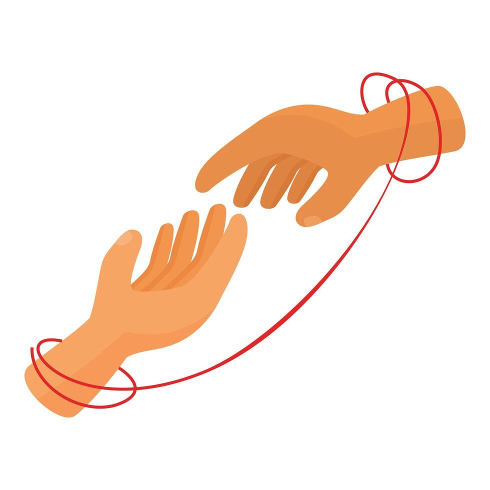 Two hands reaching for each other connected by red thread of fate vector