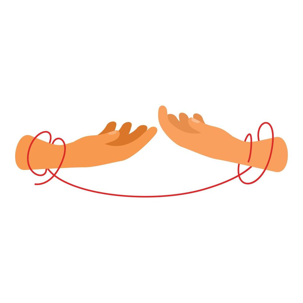 Two hands reaching for each other connected by red string of fate vector