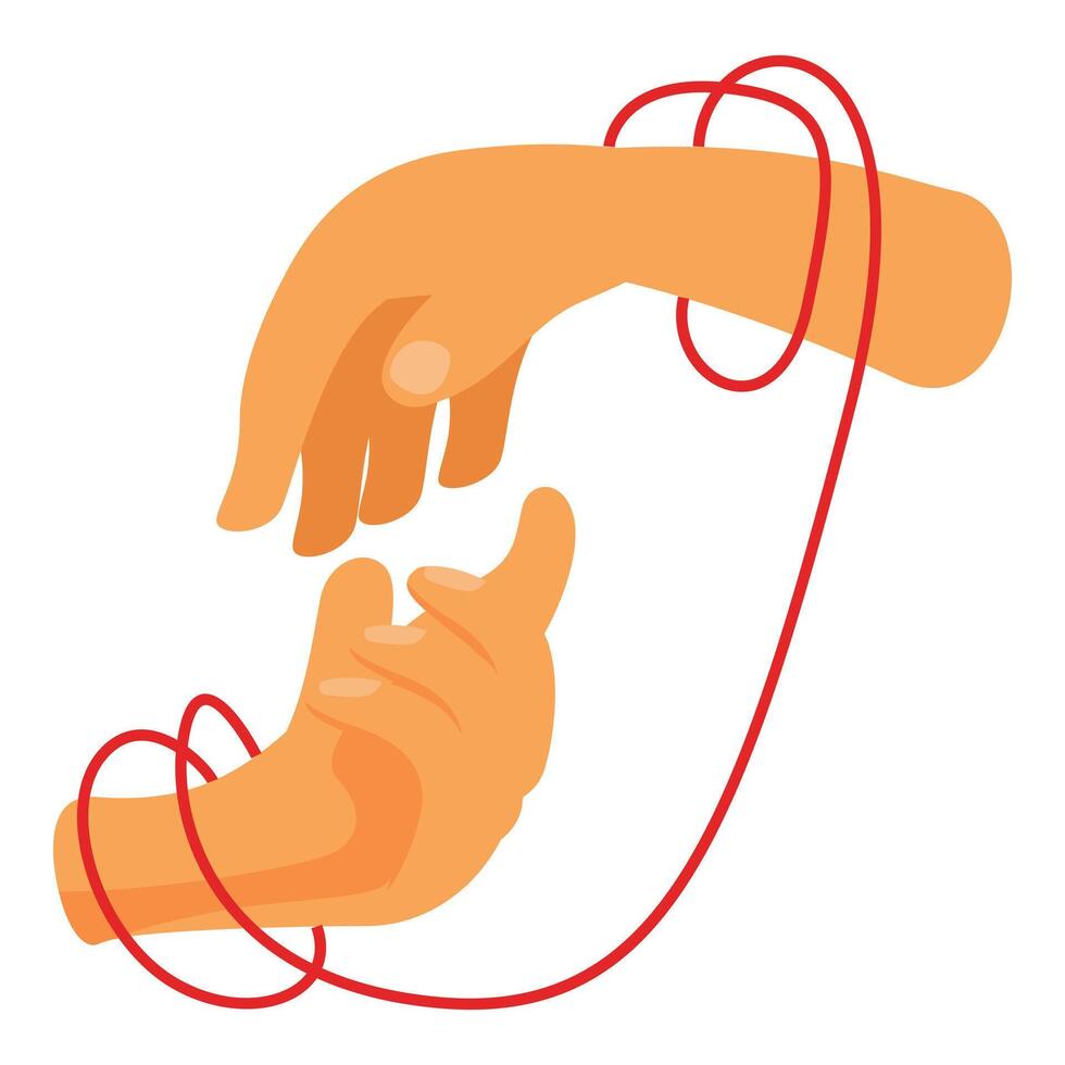 Two hands reaching for each other connected by red string of fate vector