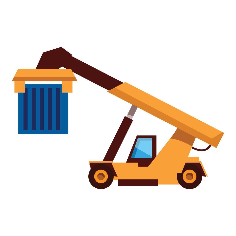 Telescopic handler forklift truck lifting container at a construction site vector
