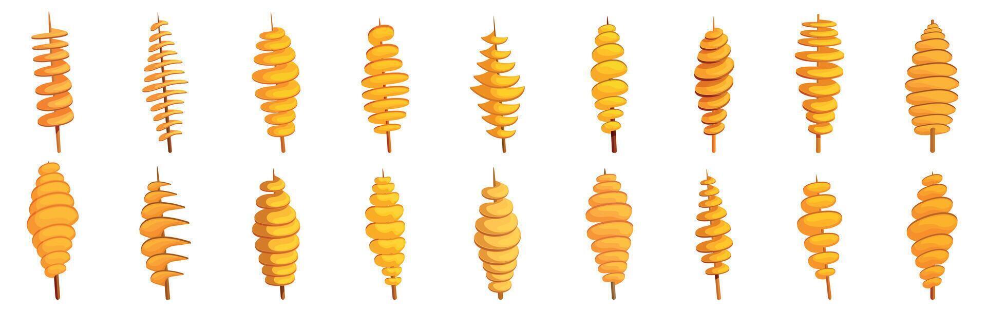 Tornado potato icons set. This set features a variety of tornado potatoes, each uniquely shaped and ready to enjoy vector