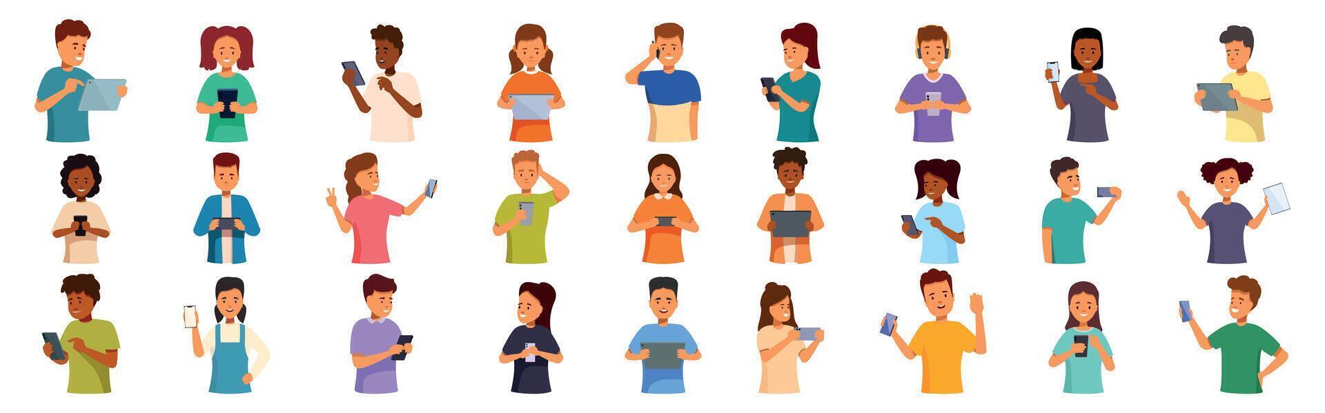 Kids mobile phone icons set. Diverse group of people using smartphones and tablets for communication and entertainment vector